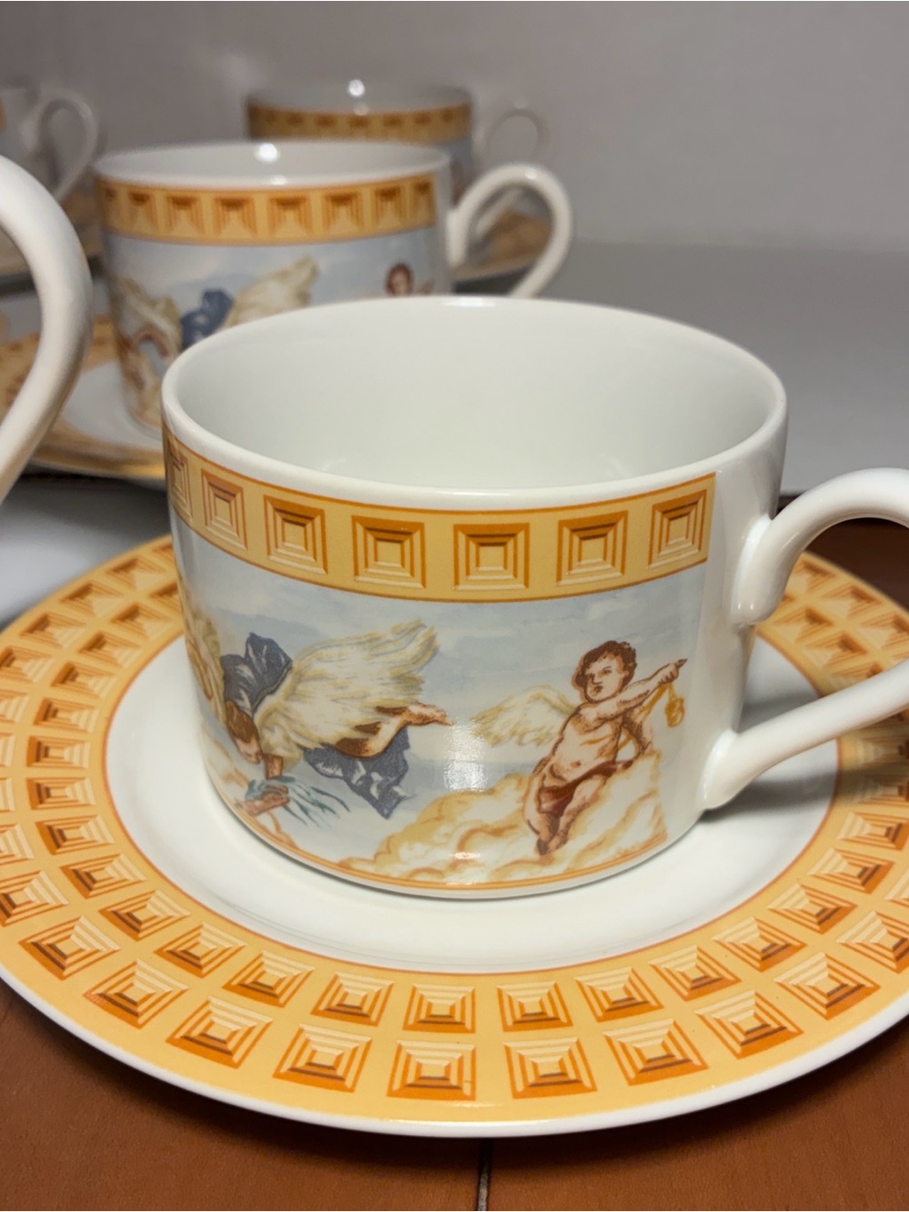 FITZ & FLOYD Cup and Saucer Set with Gold and Blue Angel Motif